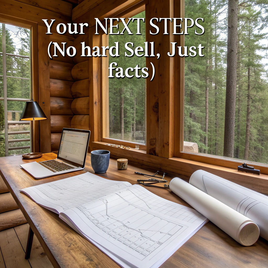 A cozy log home office, with open blueprints, a warm cup of coffee, and serene forest views through large windows