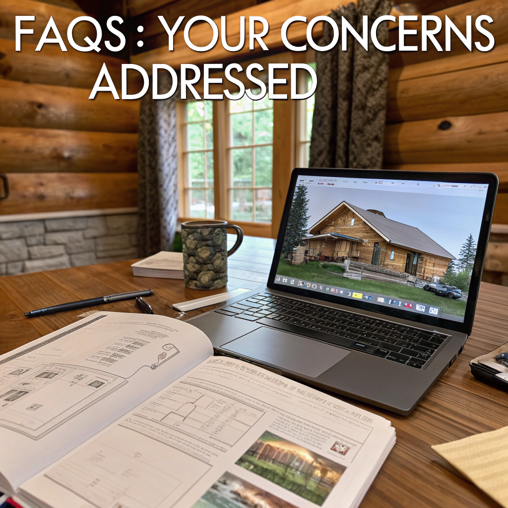 A cozy log home office with an open log home plan book, a laptop displaying home designs, and notes highlighting customization options