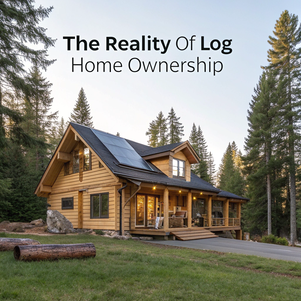 A cozy log home nestled in a forest clearing, with visible robust overhangs and subtle modern touches, blending traditional charm with efficiency.