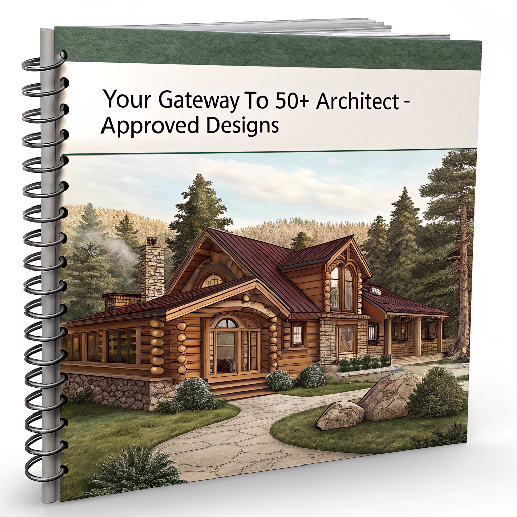 A sleek, open book showcasing vibrant log home designs, surrounded by blueprints and a compass, under a warm, inviting light