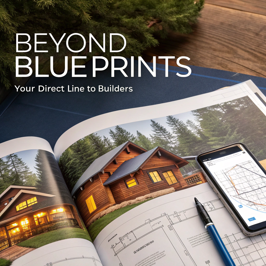 A sleek, open book displaying vivid images of log homes, next to a smartphone showing a list of builder contacts, set against a backdrop of a forest and a drafting table with blueprints.