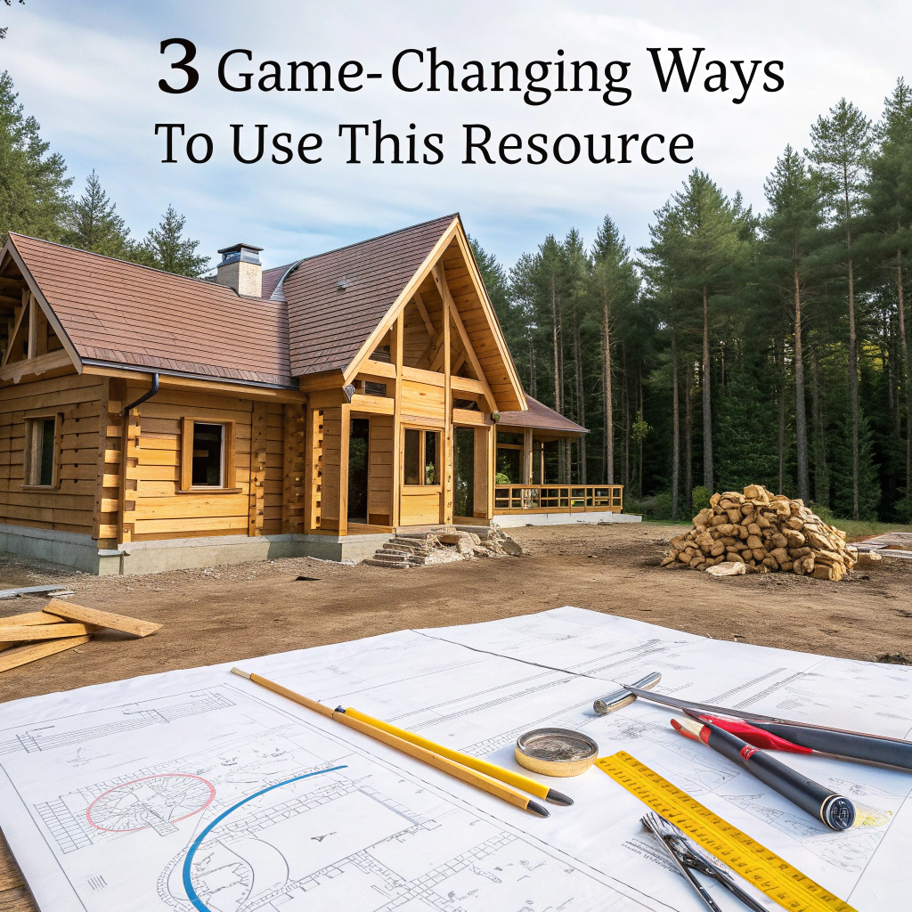 A log home under construction with blueprints, a compass, and innovative tools spread out, surrounded by lush forest.