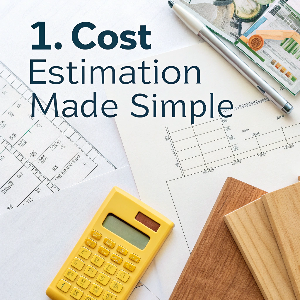 A bright calculator, blueprints, and wooden samples on a table, with numbers and charts visible on the papers
