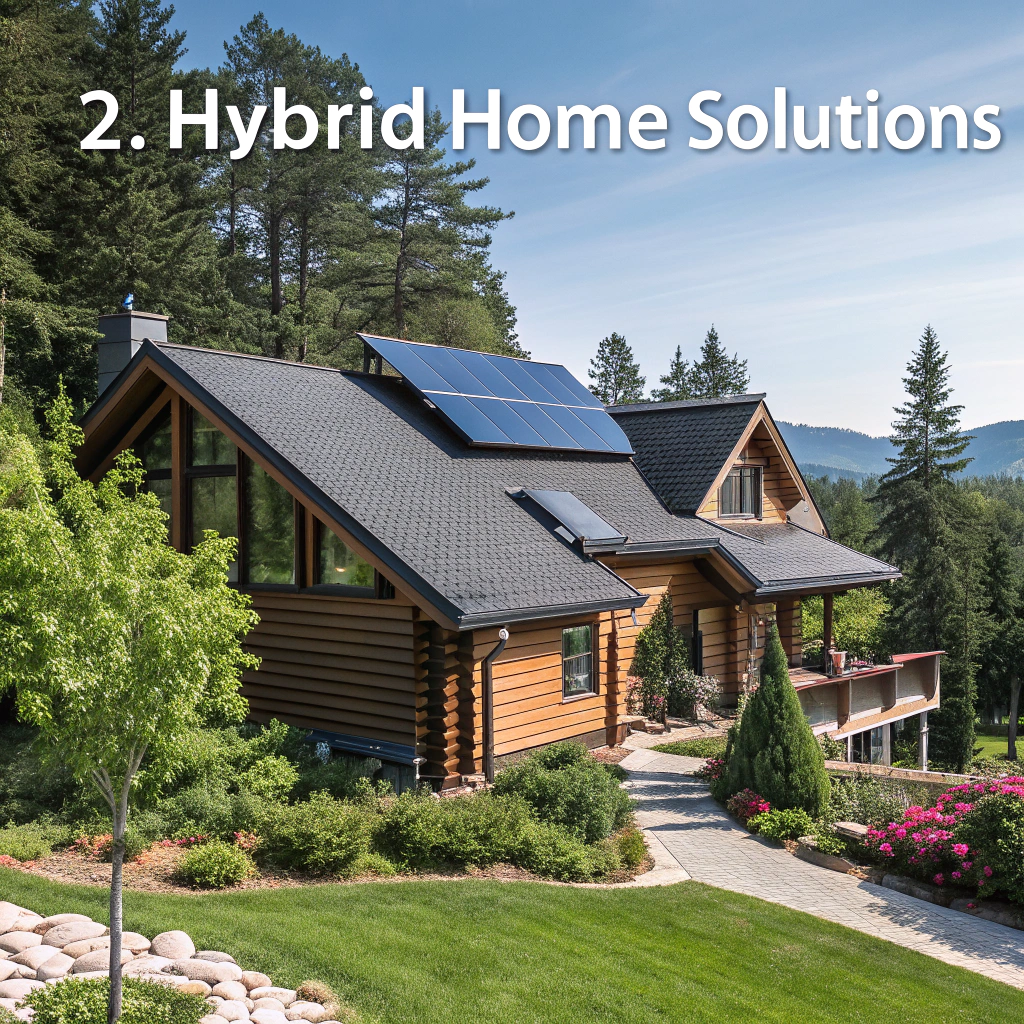 A modern log home with open floor plan, featuring large windows and a spacious deck, set in a scenic landscape