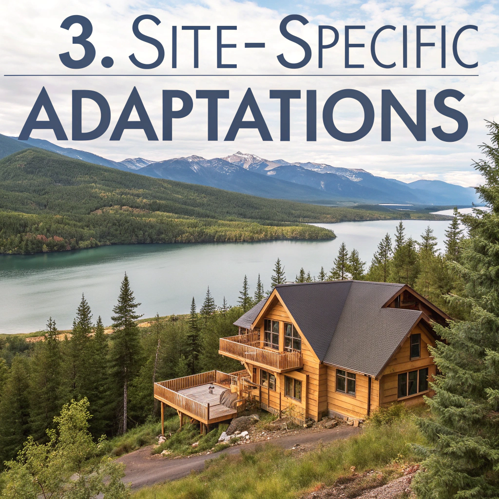 A cozy log home nestled on a mountainside with a sprawling deck overlooking a serene lake, blending seamlessly into the natural landscape