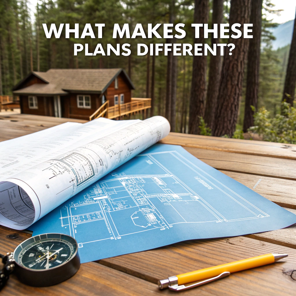 A blueprint unfurling across a wooden table, showcasing unique log home designs, with a compass and ruler alongside, set against a forest backdrop.