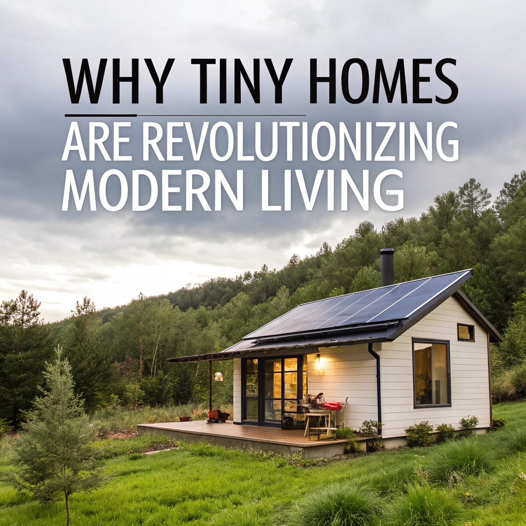 A cozy, stylish tiny home nestled in nature, with solar panels on the roof, surrounded by a minimalist, green landscape, symbolizing sustainability and simplicity.