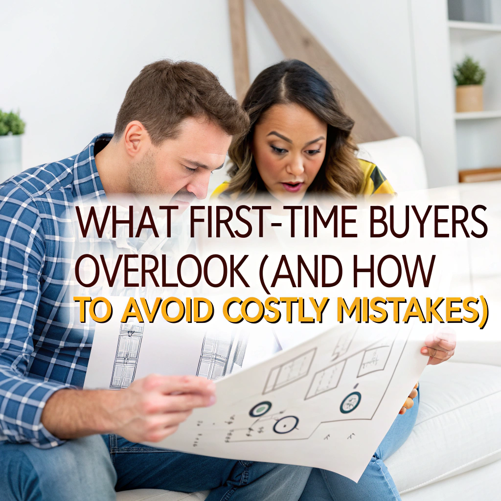 A puzzled couple examining a tiny home blueprint with question marks and hidden costs symbols hovering around