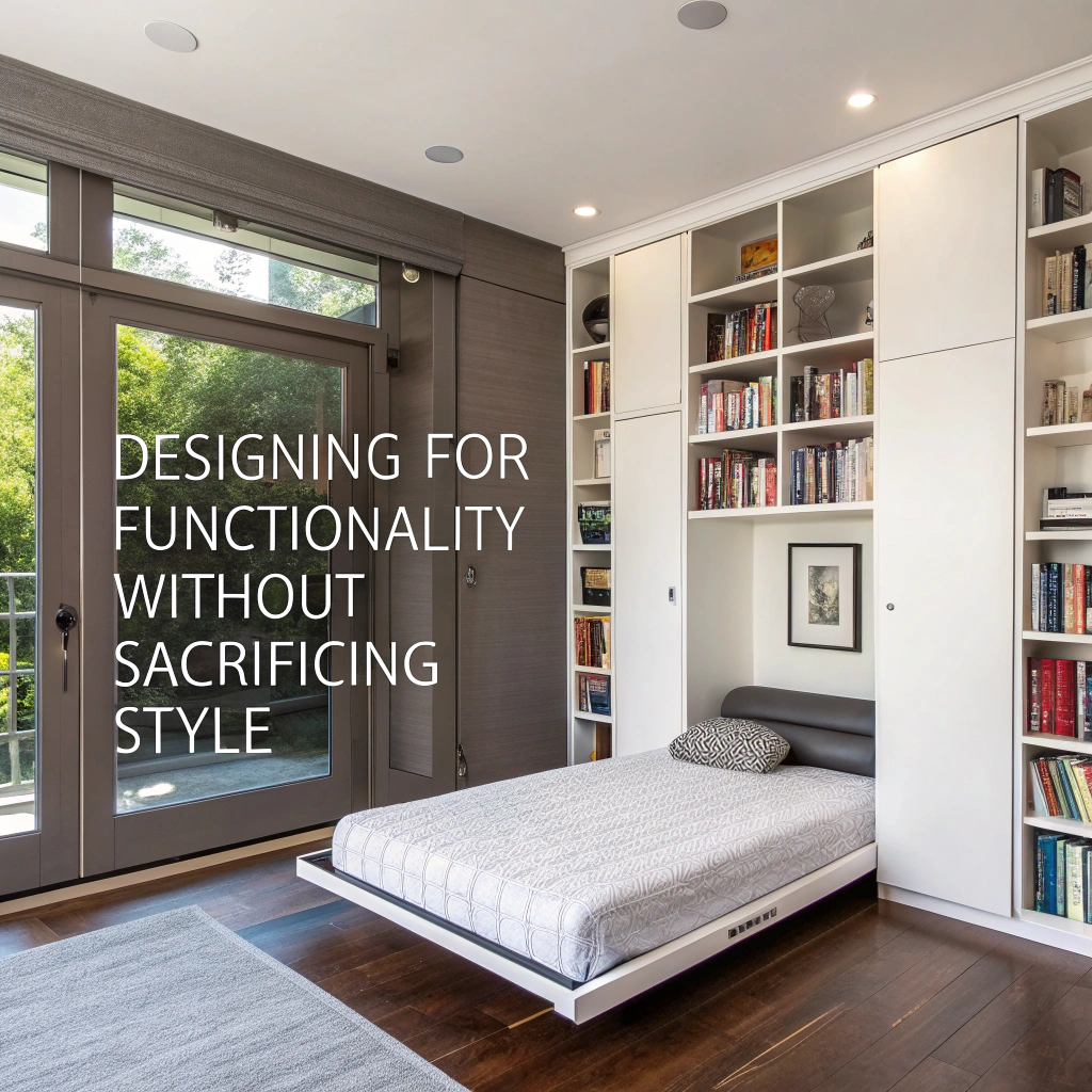 A sleek tiny home interior with floor-to-ceiling bookshelves, a stylish Murphy bed in the process of being tucked away, and large, sunlit windows.