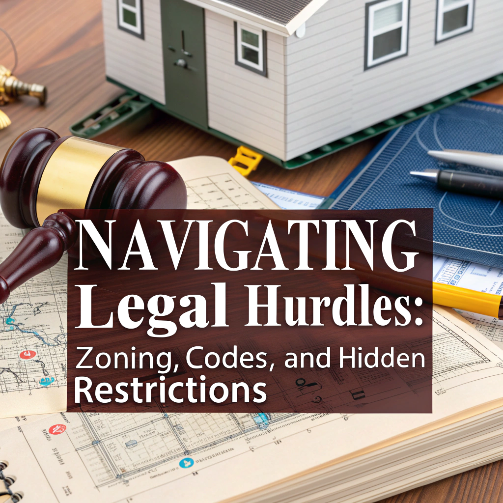 A tiny home on wheels parked beside a set of oversized legal books and a gavel, with zoning maps and blueprints scattered around.