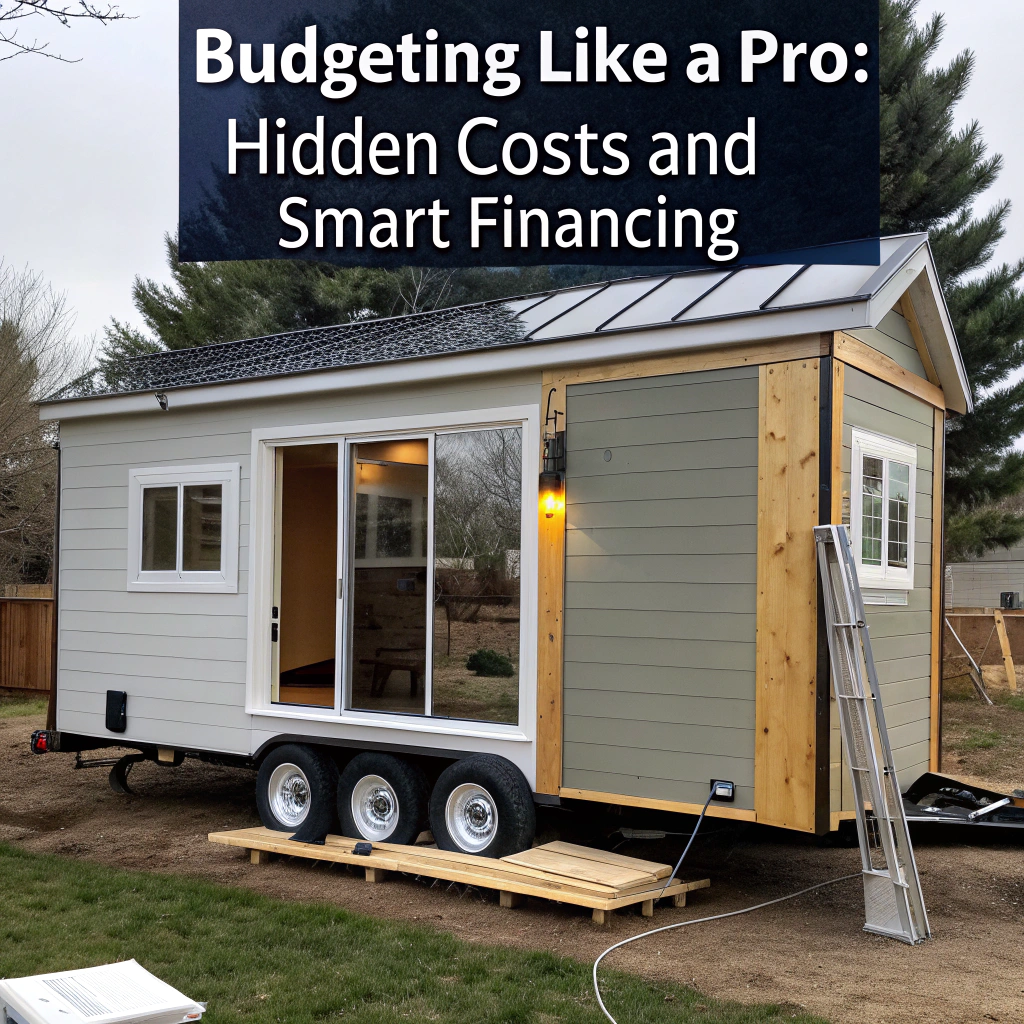 A tiny home with transparent sections revealing costs: land lease, solar panels, and a contractor, all underscored by a calculator and financial charts.