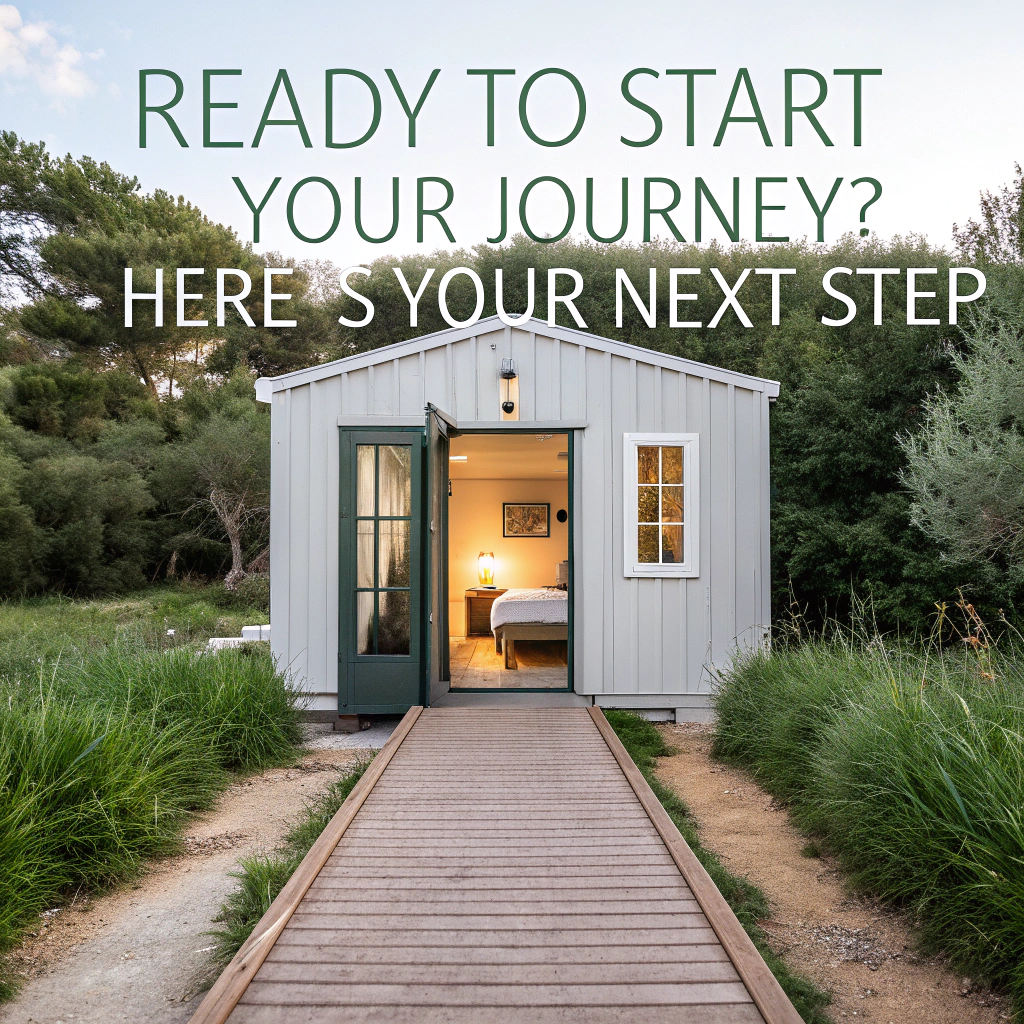 An open door of a tiny house, showing a cozy, minimalist interior, with a path leading to it surrounded by greenery.